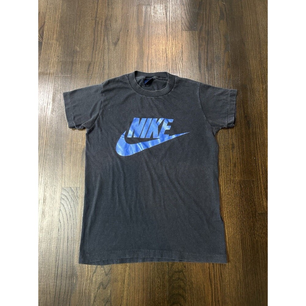 Vintage 80s Nike T-shirt Blue Swoosh Single Stitch Faded Black Mens Small
